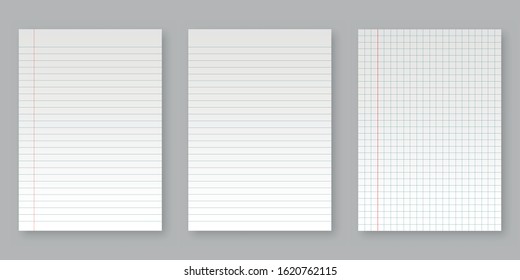 Realistic blank sheets of square and lined paper from. Art design lines, grid page notebook with margin.