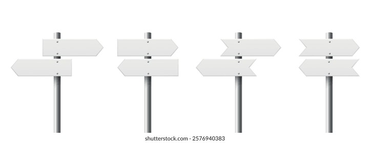 Realistic Blank Sign Post Set. Realistic Road Signboard. Plywood Pointer, Timber, Directional Sign Design Template, Front View. Vector Illustration in 3D Style