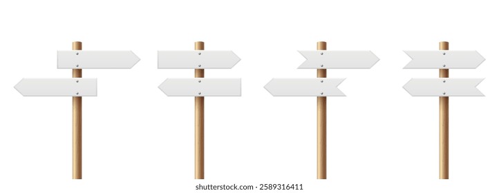 Realistic Blank Sign Post Set. Realistic Road Signboard. Plywood Pointer, Timber, Directional Sign Design Template, Front View. Vector Illustration in 3D Style