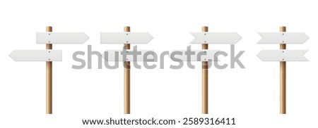 Realistic Blank Sign Post Set. Realistic Road Signboard. Plywood Pointer, Timber, Directional Sign Design Template, Front View. Vector Illustration in 3D Style