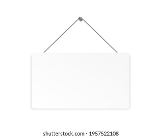 Realistic blank signboard. Hanging white banner with place for text. Vector illustration.