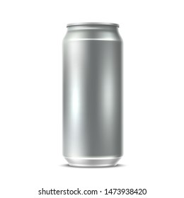 Realistic blank silver can. Empty drink container for juice, soft drink package design. Vector aluminium tin bottle for refreshing drink, beer of cola.