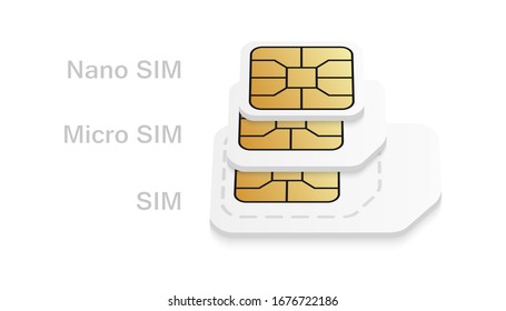 Tarjeta SIM en blanco realista de diferentes tamaños. Diferentes tipos de tarjetas telefónicas: Normal, Micro, Nano