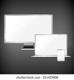 Realistic blank sliver screens set on dark background