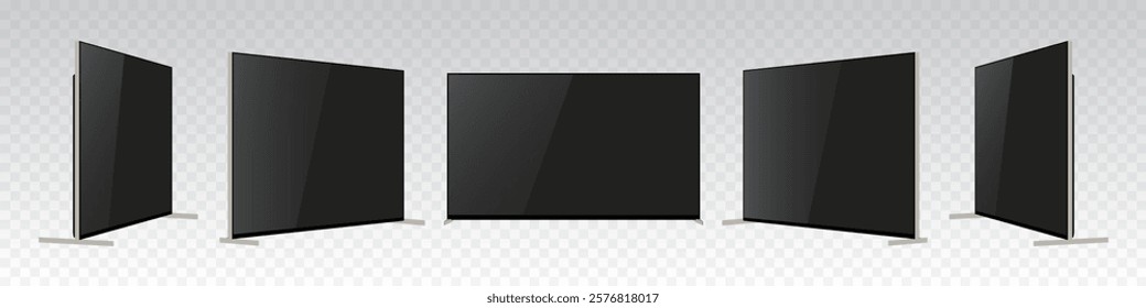 Realistic Blank Smart TV Mockup: 3D Black Ultra HD OLED 4K LED Monitor on Transparent Background - Front, Side, and Perspective Views. Vector.