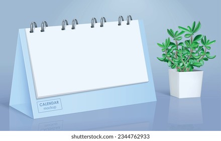 Realistic blank spiral calendar mockup with white sheets on glossy desk with small flowerpot vector illustration