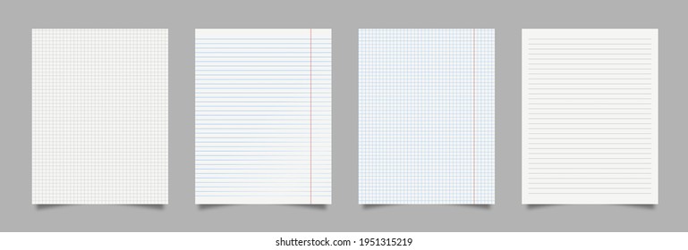 Realistic blank squared and lined paper sheets set. Realistic paper sheet of lines and squares notepad pages set isolated on grey background. Vector illustration eps 10