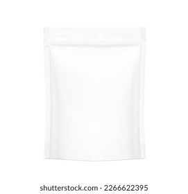 Realistic blank stand up pouch bag mockup. Vector illustration isolated on white background. Front view. Can be use for template your design, presentation, promo, ad. EPS10.	