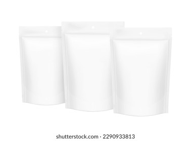 Realistic blank stand up pouch bag mockup set. Vector illustration isolated on white background. Front view. Can be use for template your design, presentation, promo, ad. EPS10.	