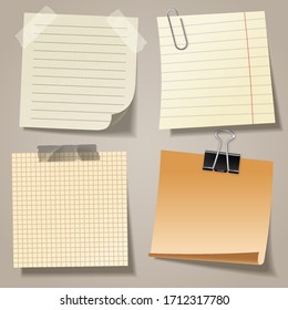 Realistic blank sticky notes with clip binder and adhesive tape. Colored sheets of note papers. Paper reminder. Vector illustration.