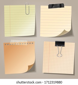 Realistic blank sticky notes with clip binder and adhesive tape. Colored sheets of note papers. Paper reminder. Vector illustration.