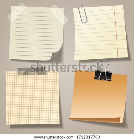 Realistic blank sticky notes with clip binder and adhesive tape. Colored sheets of note papers. Paper reminder. Vector illustration.