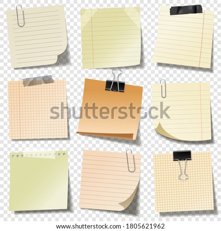 Realistic blank sticky notes with clip binder and adhesive tape on transparent background. Sheets of note papers. Paper reminder. Vector illustration.