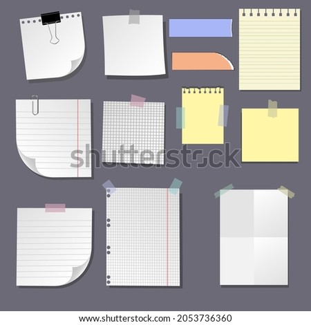 Realistic blank sticky notes with clip binder and adhesive tape. Colored sheets of note papers. Paper reminder. Vector illustration