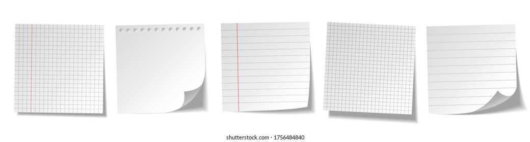 Realistic blank sticky notes isolated on white background. White sheets of note papers. Paper reminder. Vector illustration.