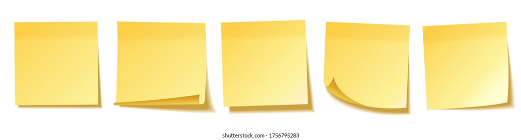 Realistic blank sticky notes isolated on white background. Yellow sheets of note papers. Paper reminder. Vector illustration.