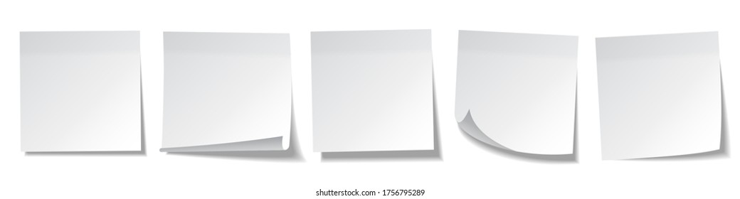 Realistic blank sticky notes isolated on white background. White sheets of note papers. Paper reminder. Vector illustration.