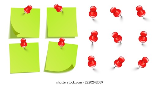 Realistic blank sticky notes isolated on white background. Green sheets of note paper with red push pins. Paper reminder and plastic pushpin with needle. Board tacks. Vector illustration