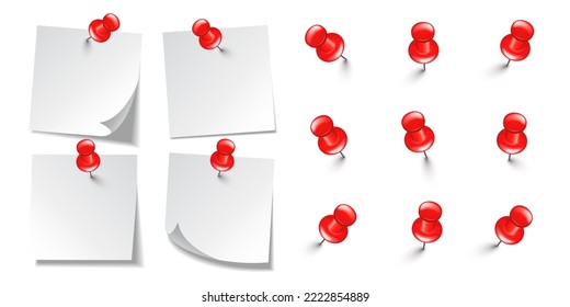 Realistic blank sticky notes isolated on white background. White sheets of note paper with red push pins. Paper reminder and plastic pushpin with needle. Board tacks. Vector illustration