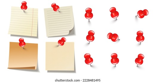 Notas pegajosas en blanco realistas aisladas en fondo blanco. Hojas marrones de papel de nota con clavijas de empuje rojas. Recordatorio de papel y alfiler de plástico con aguja. Tatuajes de la mesa. Ilustración del vector