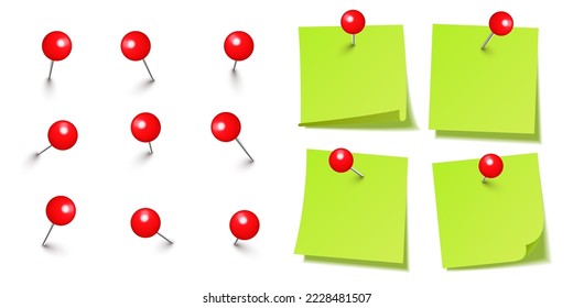 Realistic blank sticky notes isolated on white background. Green sheets of note paper with red round push pins. Paper reminder and plastic pushpin with needle. Board tacks. Vector illustration