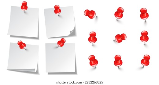 Notas pegajosas en blanco realistas aisladas en fondo blanco. Hojas blancas de papel de nota con clavijas de empuje rojas. Recordatorio de papel y alfiler de plástico con aguja. Tatuajes de la mesa. Ilustración del vector