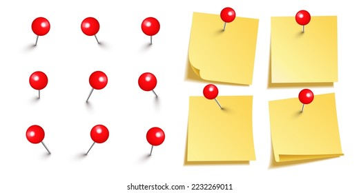 Realistic blank sticky notes isolated on white background. Yellow sheets of note paper with red round push pins. Paper reminder and plastic pushpin with needle. Board tacks. Vector illustration