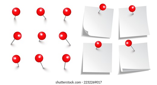 Notas pegajosas en blanco realistas aisladas en fondo blanco. Hojas blancas de papel de nota con clavijas de empuje redondas rojas. Recordatorio de papel y alfiler de plástico con aguja. Tatuajes de la mesa. Ilustración del vector