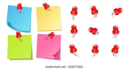 Realistic blank sticky notes isolated on white background. Colorful sheets of note paper with red push pins. Paper reminder and plastic pushpin with needle. Board tacks. Vector illustration