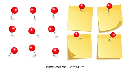 Realistic blank sticky notes isolated on white background. Yellow sheets of note paper with red round push pins. Paper reminder and plastic pushpin with needle. Board tacks. Vector illustration