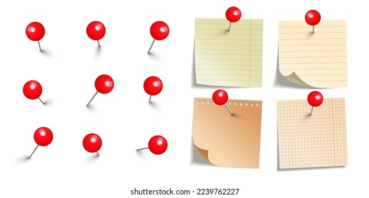 Realistic blank sticky notes isolated on white background. Brown sheets of note paper with red round push pins. Paper reminder and plastic pushpin with needle. Board tacks. Vector illustration