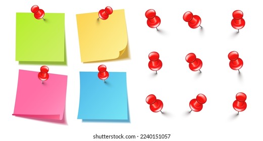 Realistic blank sticky notes isolated on white background. Colorful sheets of note paper with red push pins. Paper reminder and plastic pushpin with needle. Board tacks. Vector illustration