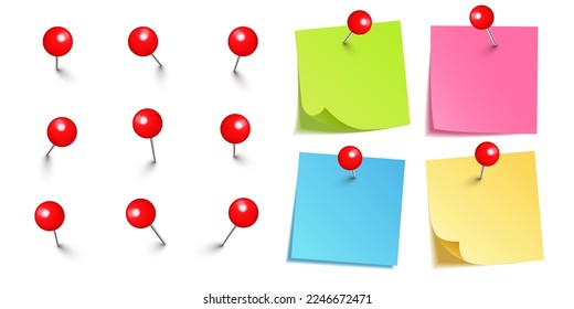 Realistic blank sticky notes isolated on white background. Colorful sheets of note paper with red round push pins. Paper reminder and plastic pushpin with needle. Board tacks. Vector illustration