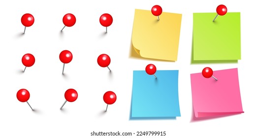 Realistic blank sticky notes isolated on white background. Colorful sheets of note paper with red round push pins. Paper reminder and plastic pushpin with needle. Board tacks. Vector illustration