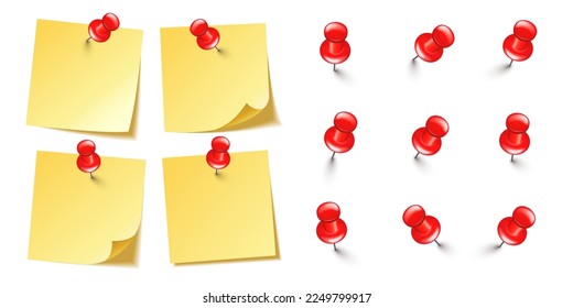 Realistic blank sticky notes isolated on white background. Yellow sheets of note paper with red push pins. Paper reminder and plastic pushpin with needle. Board tacks. Vector illustration