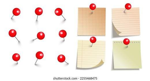Realistic blank sticky notes isolated on white background. Brown sheets of note paper with red round push pins. Paper reminder and plastic pushpin with needle. Board tacks. Vector illustration