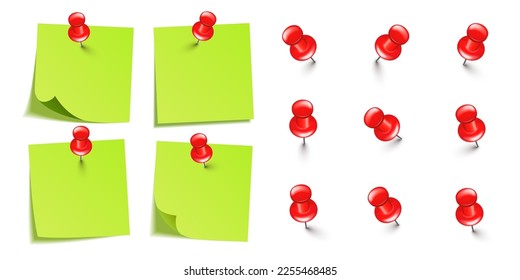Realistic blank sticky notes isolated on white background. Green sheets of note paper with red push pins. Paper reminder and plastic pushpin with needle. Board tacks. Vector illustration