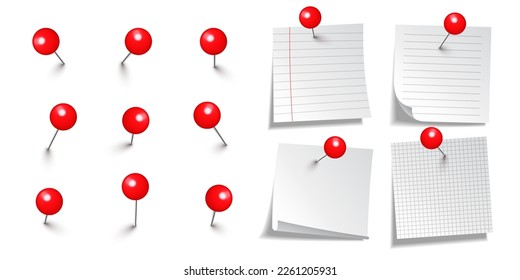 Realistic blank sticky notes isolated on white background. White sheets of note paper with red round push pins. Paper reminder and plastic pushpin with needle. Board tacks. Vector illustration