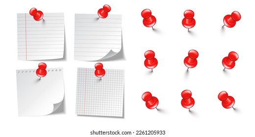 Realistic blank sticky notes isolated on white background. White sheets of note paper with red push pins. Paper reminder and plastic pushpin with needle. Board tacks. Vector illustration