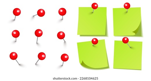 Realistic blank sticky notes isolated on white background. Green sheets of note paper with red round push pins. Paper reminder and plastic pushpin with needle. Board tacks. Vector illustration