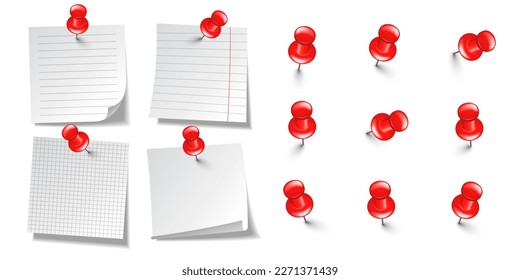 Notas pegajosas en blanco realistas aisladas en fondo blanco. Hojas blancas de papel de nota con clavijas de empuje rojas. Recordatorio de papel y alfiler de plástico con aguja. Tatuajes de la mesa. Ilustración del vector