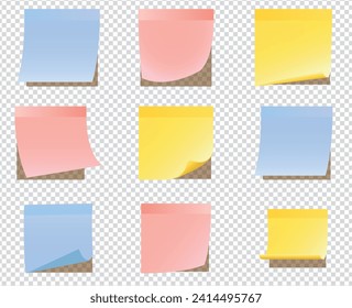 Realistic blank sticky notes isolated on transparent background. Colorful sheets of note papers. Paper reminder. Vector illustration.Multicolor post it notes