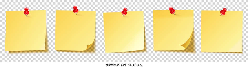 Realistic blank sticky notes. Yellow sheets of note papers with push pin. Paper reminder. Vector illustration.
