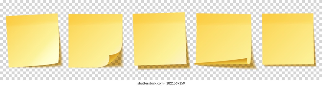 Notas pegajosas en blanco realistas. Hojas amarillas de papel de notas. Recordatorio de papel. Ilustración vectorial.
