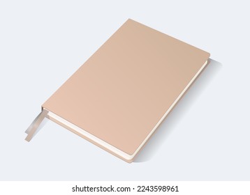 Plantilla en blanco realista de cuaderno beige, libro o diario burlón con marcadores satinados. Ilustración vectorial de portátiles en colores pastel para su diseño de portada o ilustración