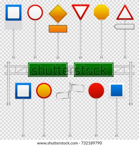 Realistic blank templates road traffic regulatory and warning signs set in color on transparent background vector illustration