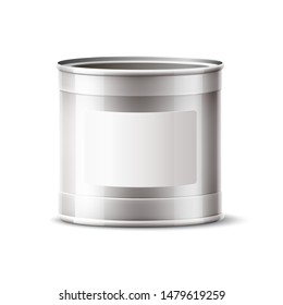 Realistic blank tin can, silver paint bucket. Vector silver container without label for food product design. Cylinder metal canister, aluminium store container.