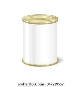 Realistic Blank Tin For Canned Food, Preserve, Conserve. Mock Up To Advertise Goods. Packaging Template. Vector.