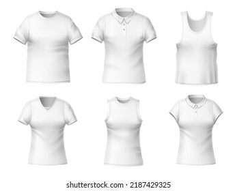 Realistic blank t-shirts. Clear white textile clothes mockup, male and female empty templates front view, different types collars and sleeves, round and triangular cutouts, utter vector set