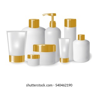 realistic blank tubes for cosmetics. Set with cosmetic vial, flask. Tube of cream. 3d illustration.